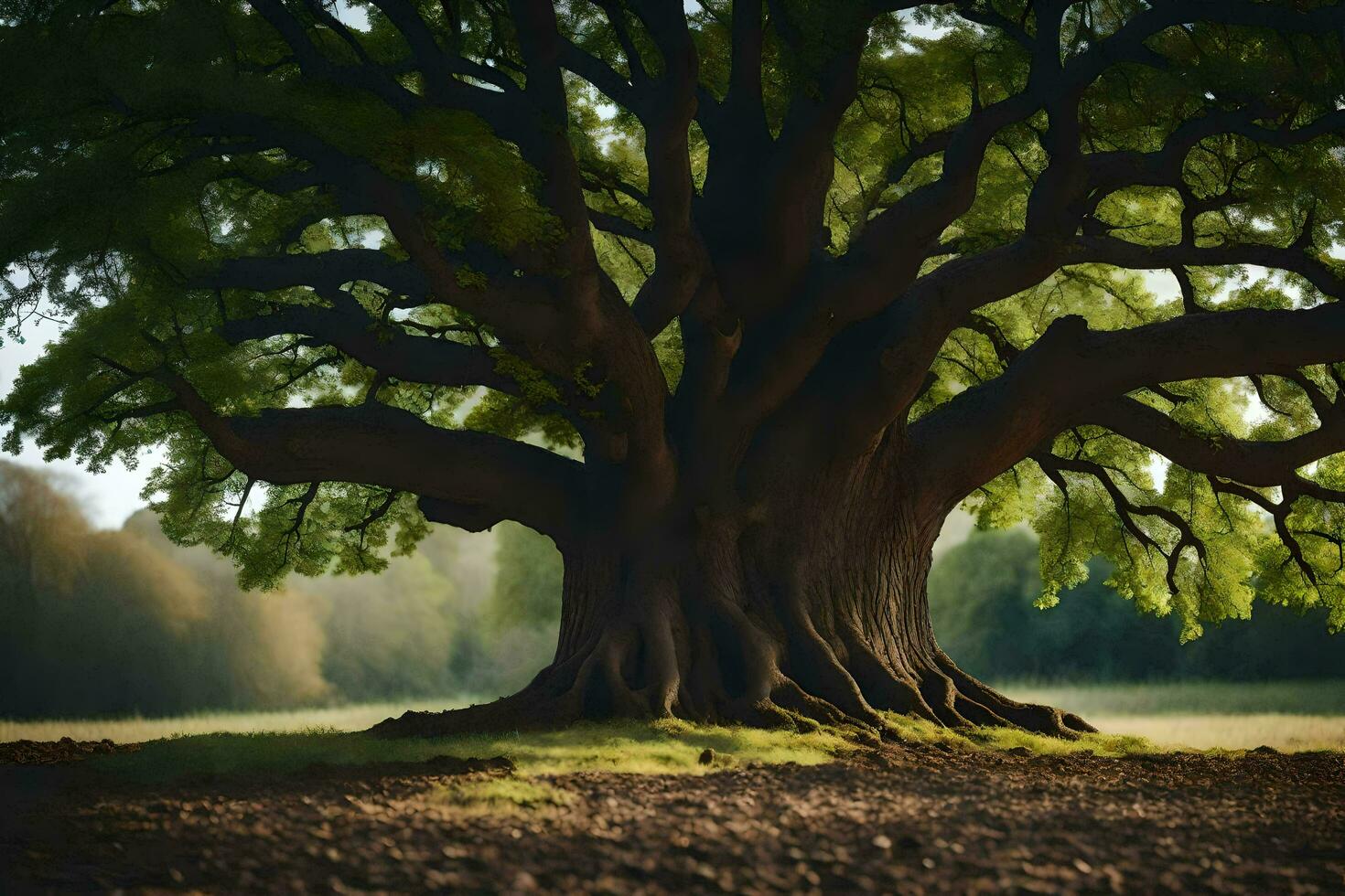 een oud eik boom is getoond in de midden- van een veld. ai-gegenereerd foto