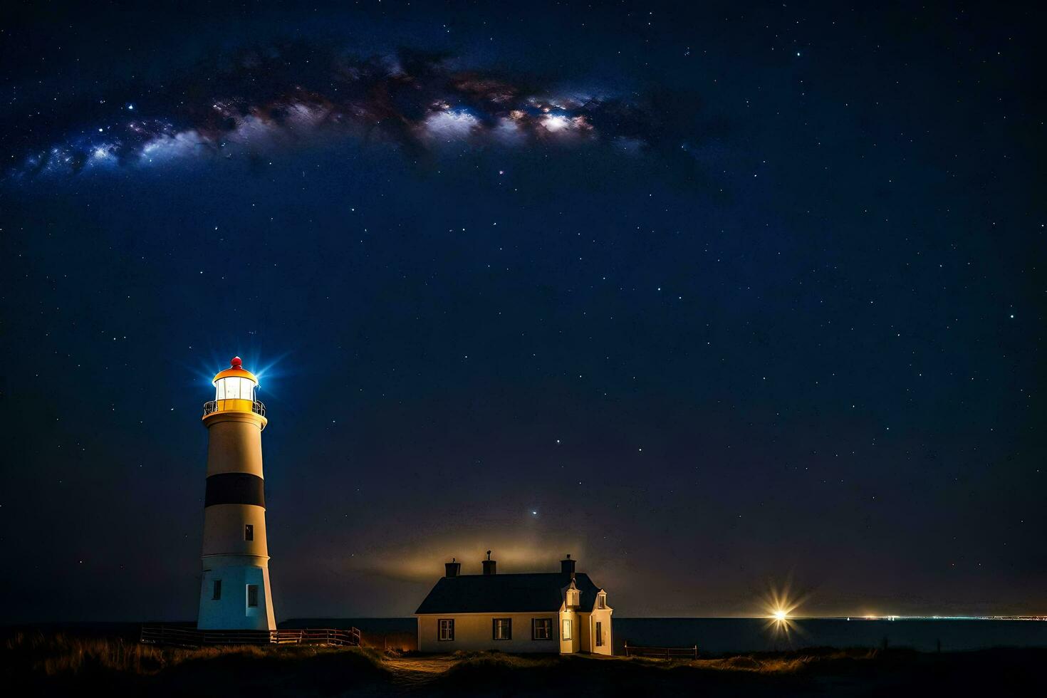 een vuurtoren en de melkachtig manier over- de oceaan. ai-gegenereerd foto