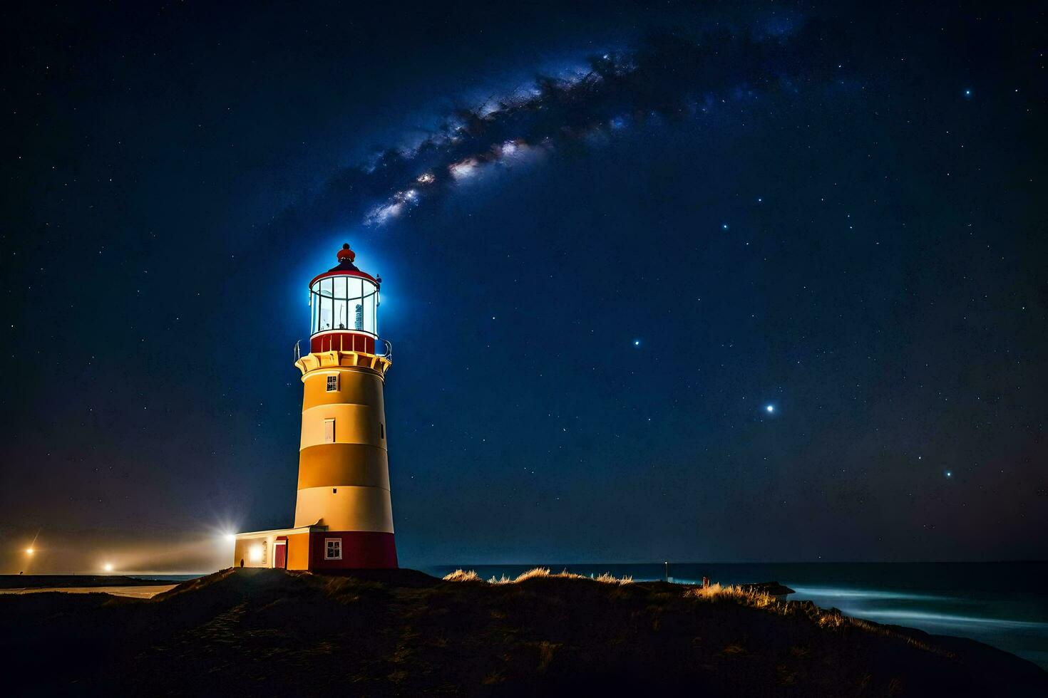 een vuurtoren met sterren in de lucht en een melkachtig manier. ai-gegenereerd foto