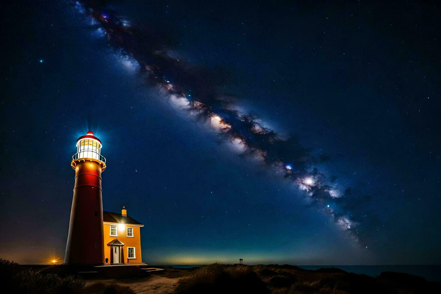 de melkachtig manier over- een vuurtoren Bij nacht. ai-gegenereerd foto