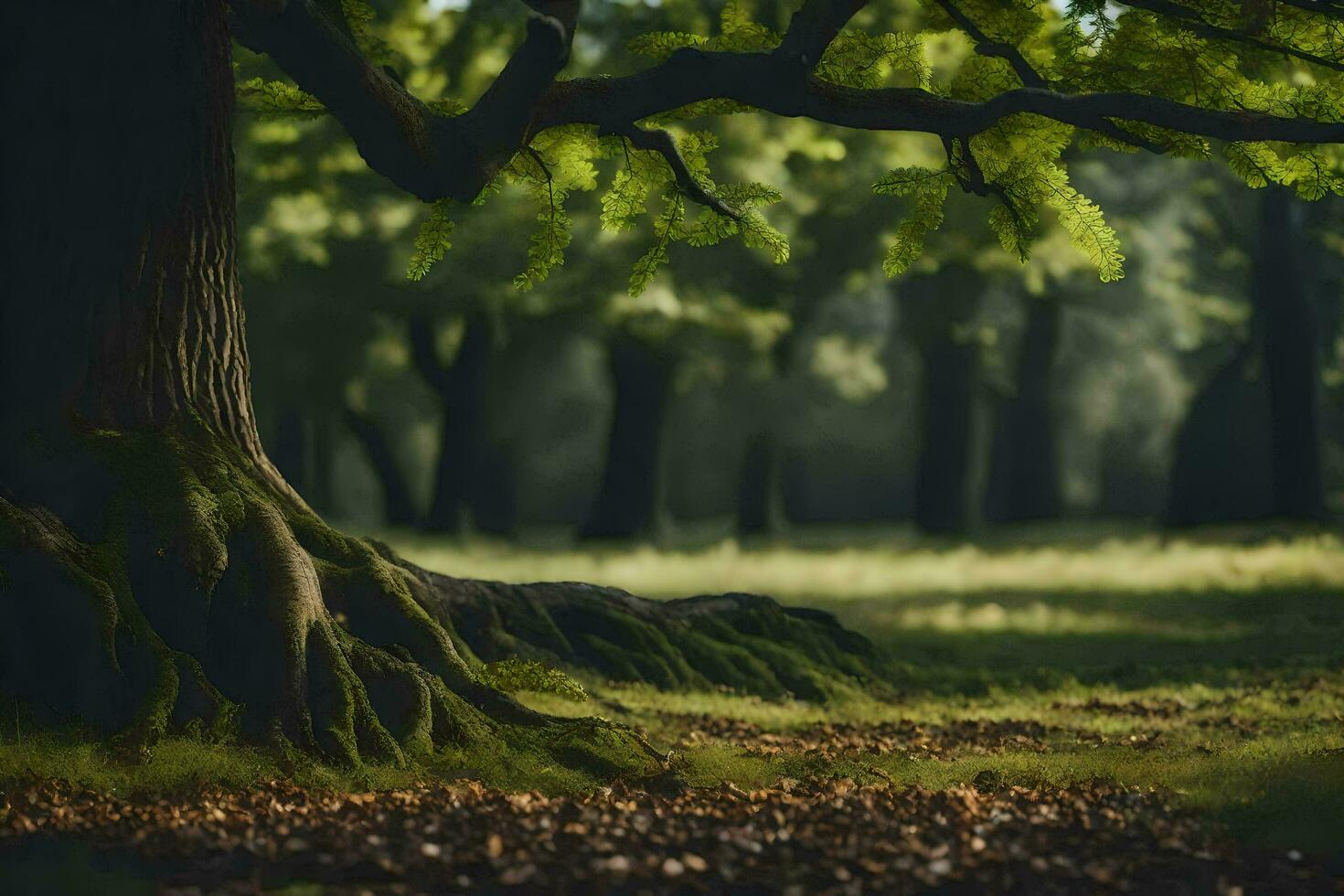 een boom in de midden- van een Woud met bladeren. ai-gegenereerd foto