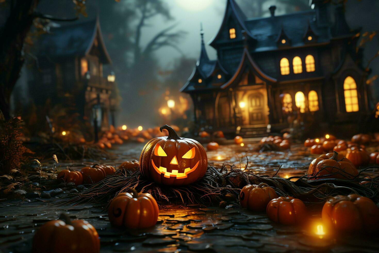 eng pompoen en huis in nacht van vol maan Aan halloween viering concept. spookachtig halloween achtergrond met pompoen. vuil huis en pompoen Aan halloween viering concept door ai gegenereerd foto