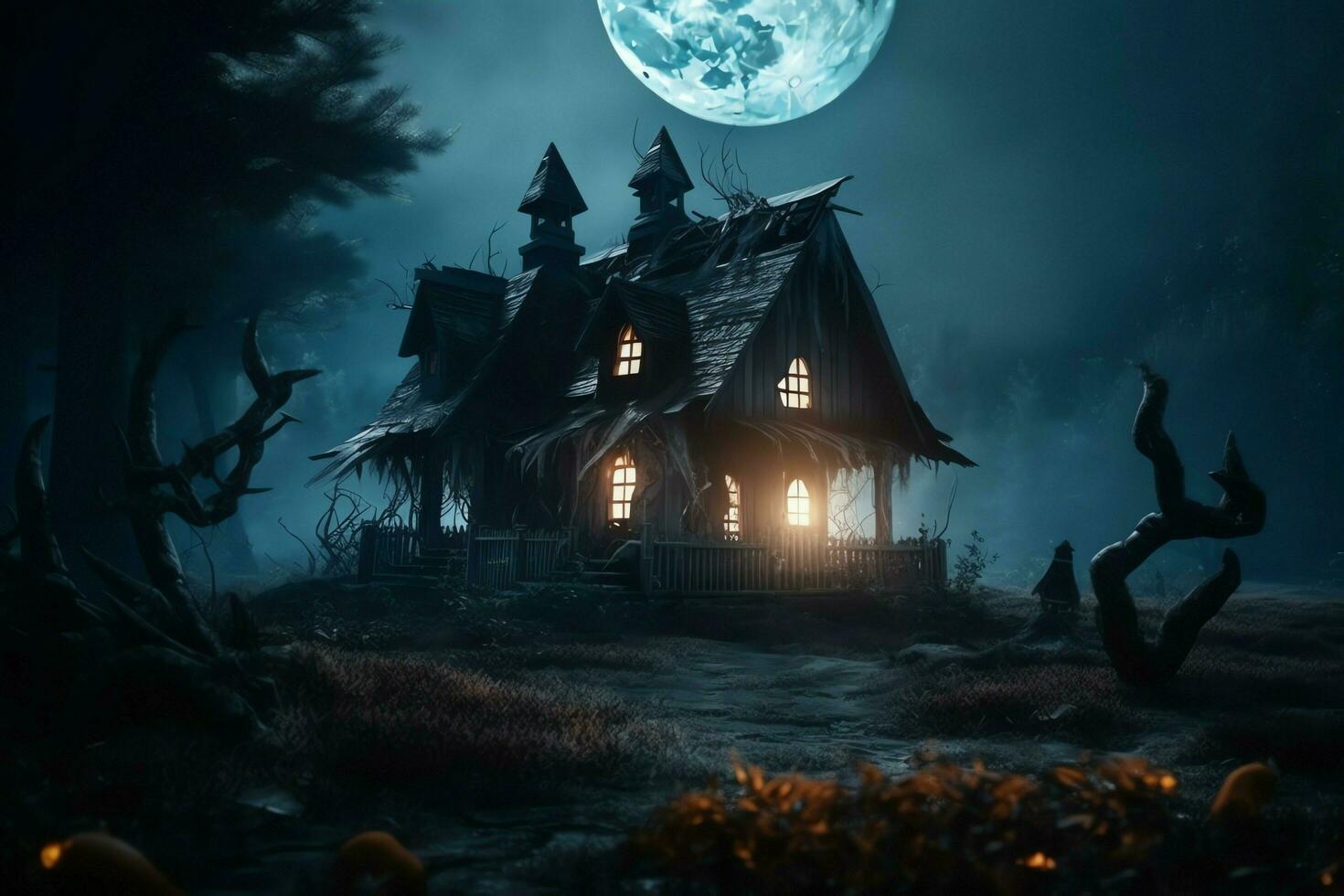 achtervolgd huis Aan halloween viering concept. spookachtig huis halloween achtergrond met uitgestorven gebouw en pompoen. eng huis met griezelig gebouw Bij nacht door ai gegenereerd foto