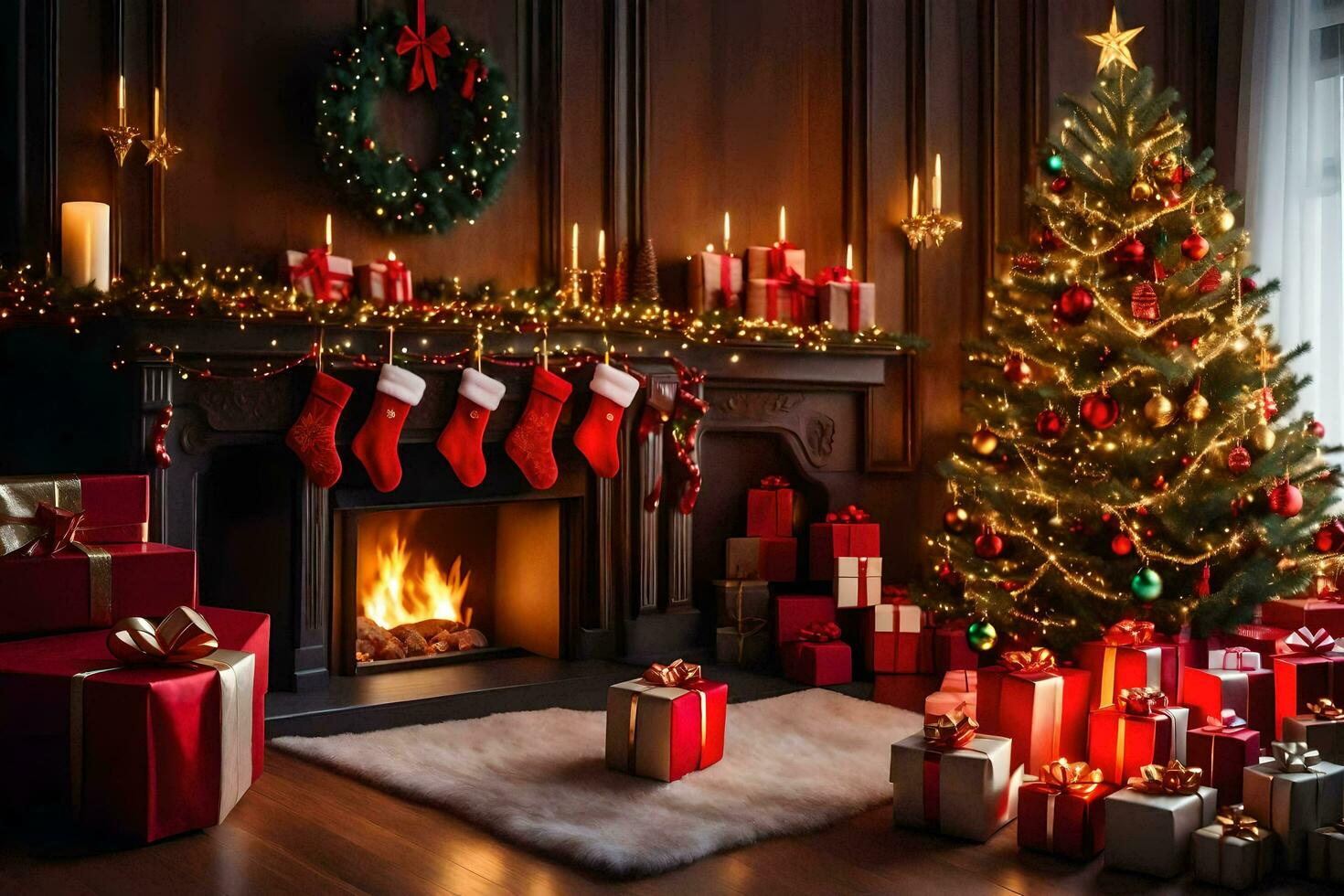 Kerstmis boom, presenteert, haard, haard mantel, haard mantel, haard mantel, haard mantel. ai-gegenereerd foto