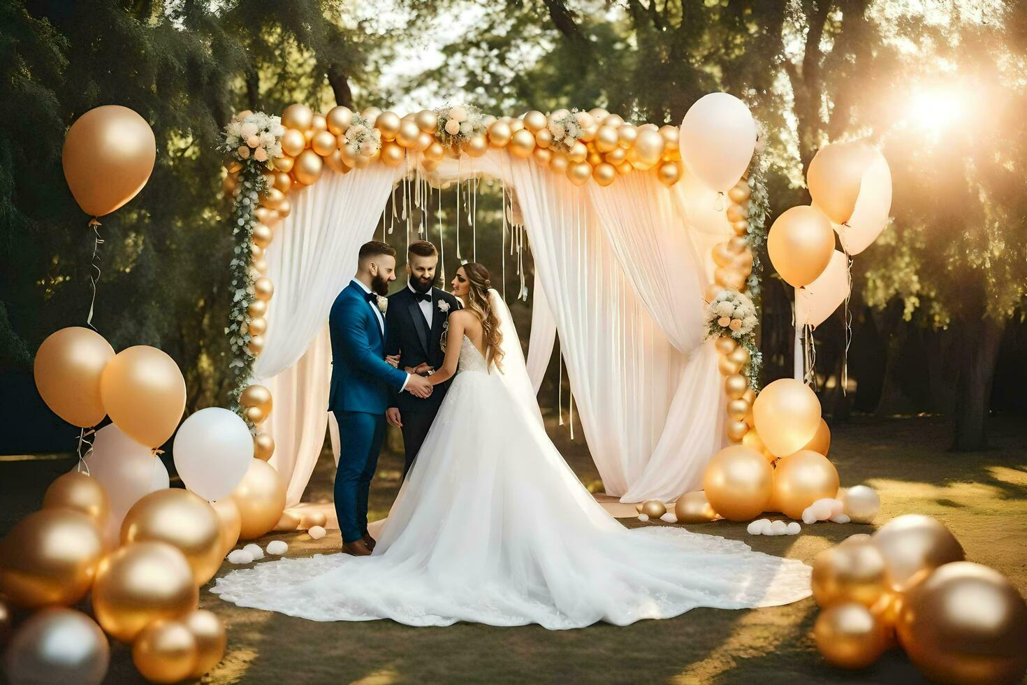 bruiloft ceremonie in de park met goud ballonnen. ai-gegenereerd foto