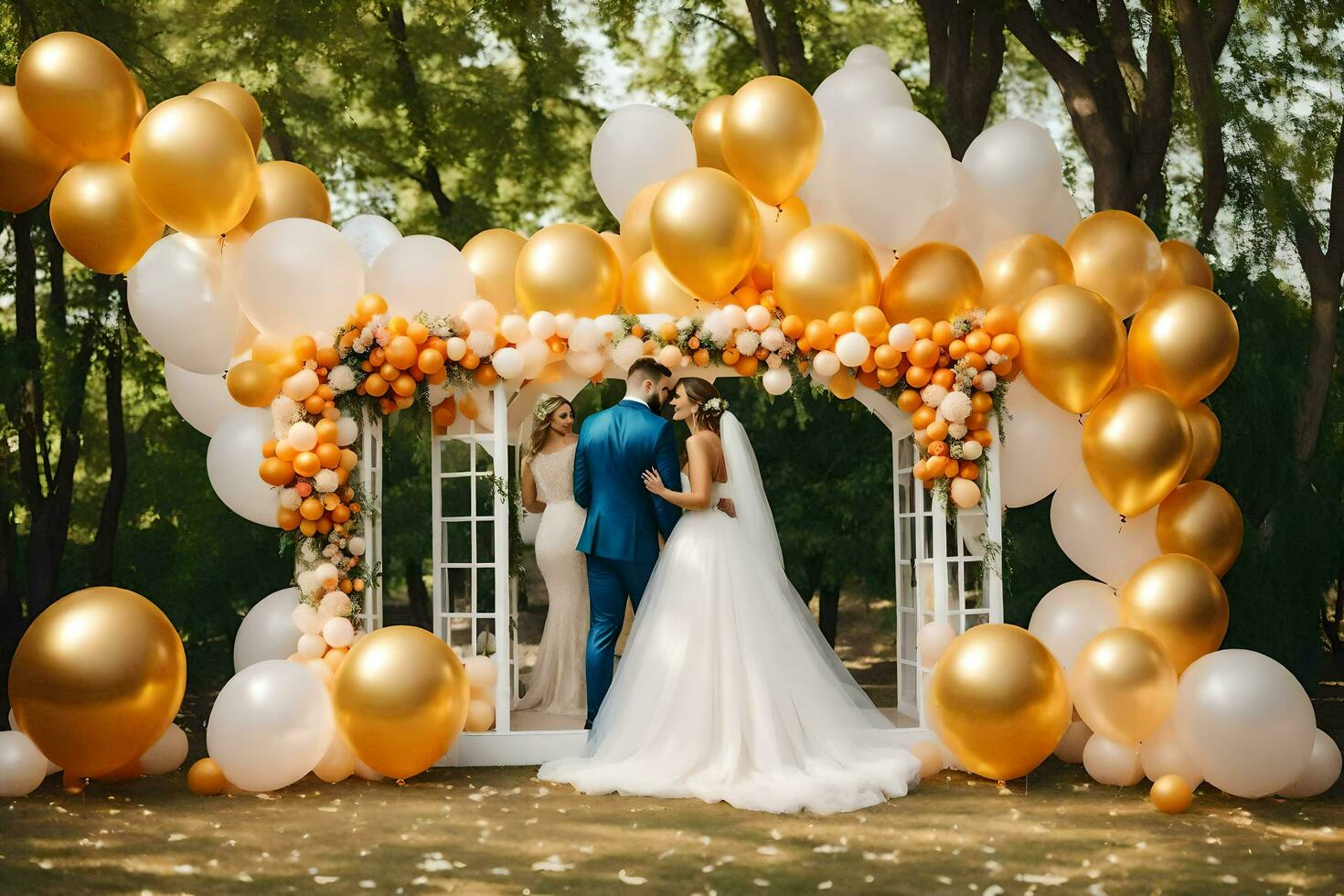 bruiloft paar in voorkant van een gouden boog met wit en goud ballonnen. ai-gegenereerd foto