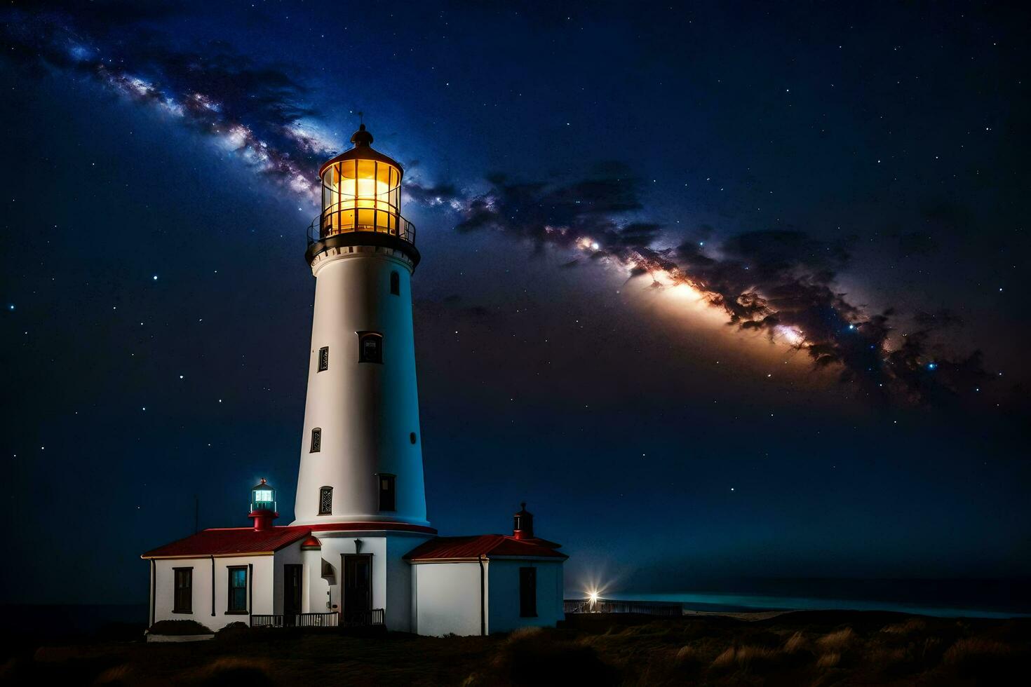 de melkachtig manier over- een vuurtoren. ai-gegenereerd foto