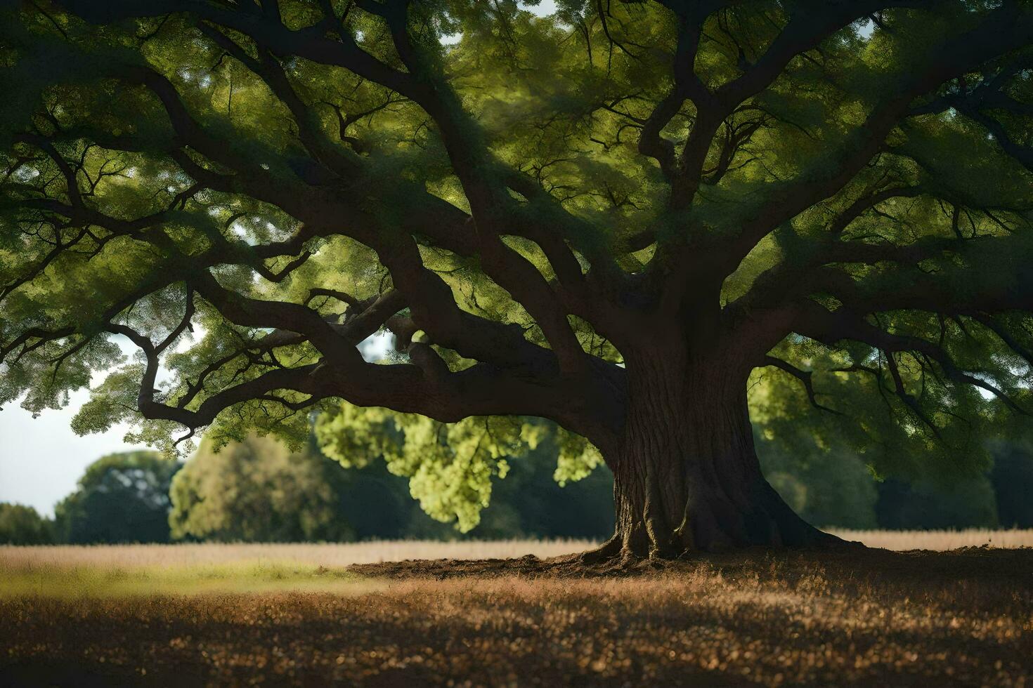 een oud eik boom in een veld. ai-gegenereerd foto