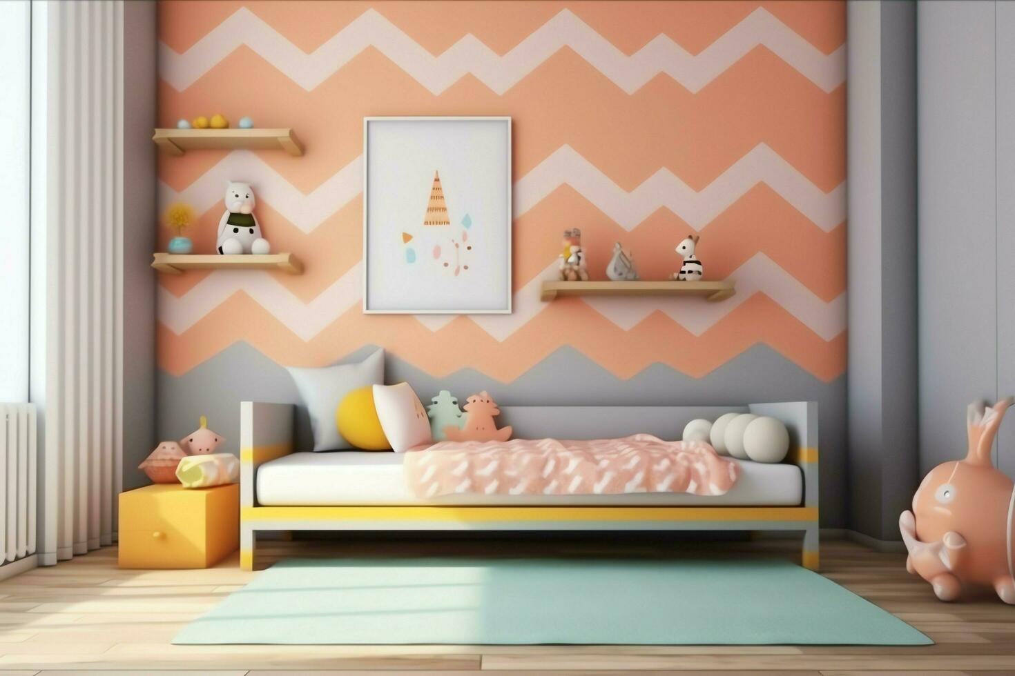 modern kind slaapkamer interieur ontwerp in huis met decoratie kinderen. kleurrijk kinderen slaapkamer concept door ai gegenereerd foto