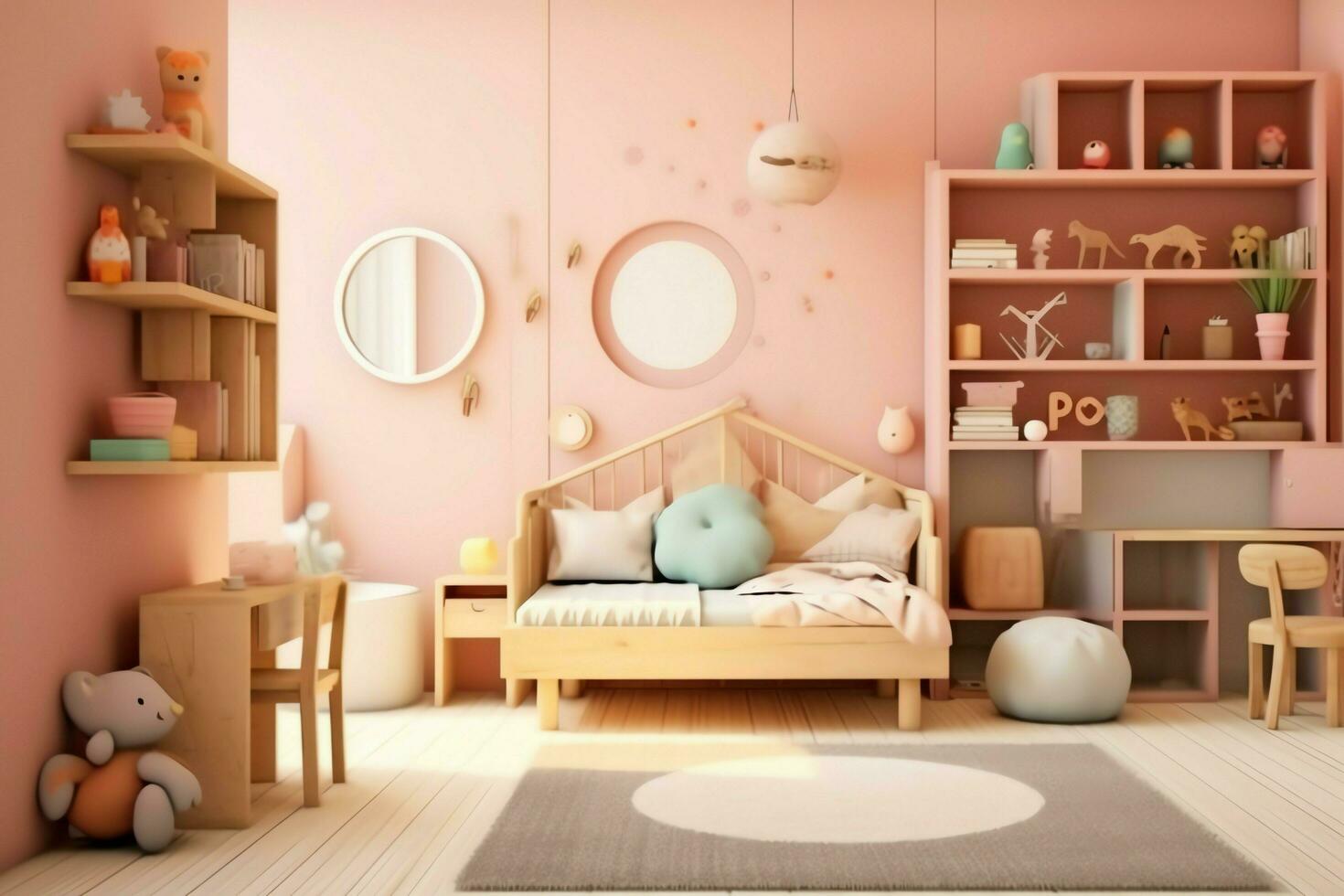 modern kind slaapkamer interieur ontwerp in huis met decoratie kinderen. kleurrijk kinderen slaapkamer concept door ai gegenereerd foto