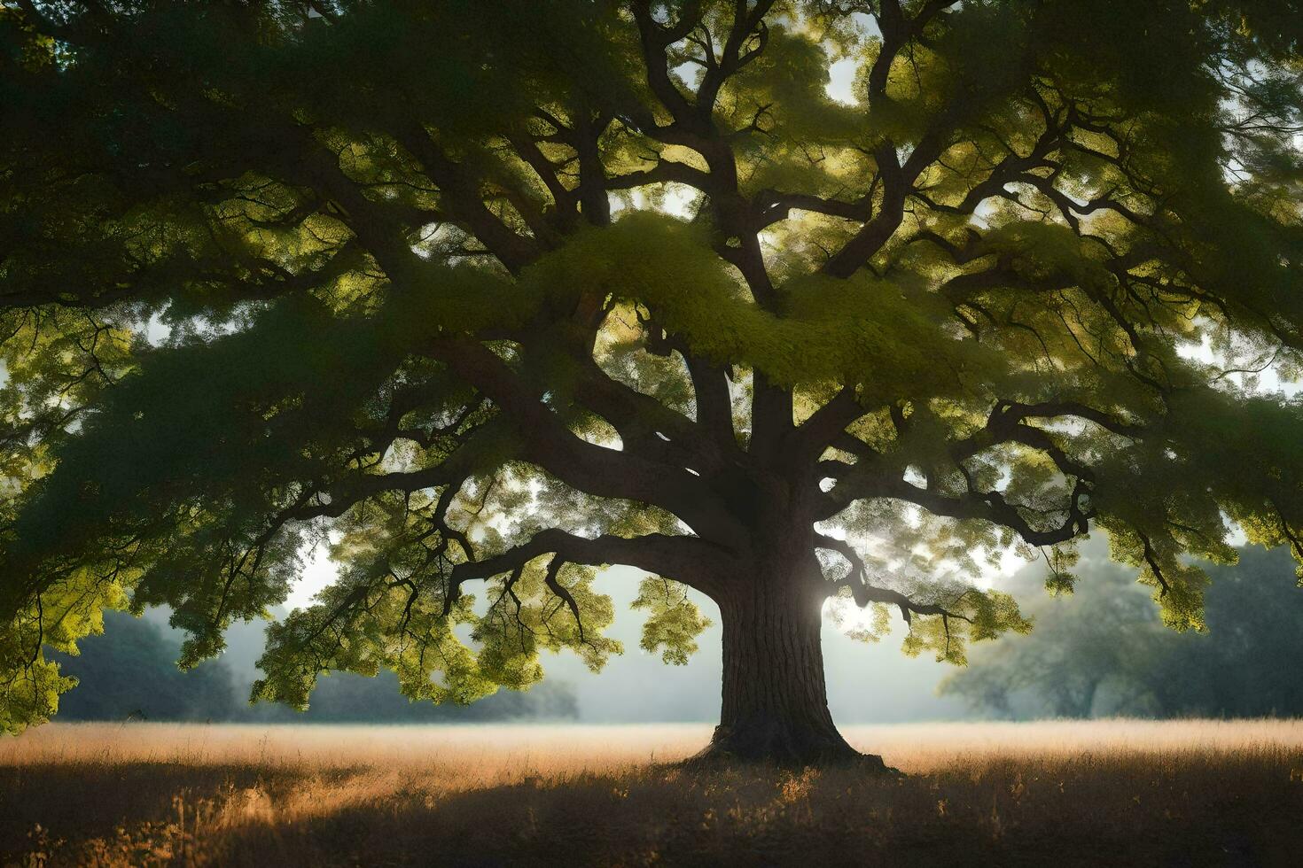 een eik boom in een veld- met zonlicht schijnend door het. ai-gegenereerd foto