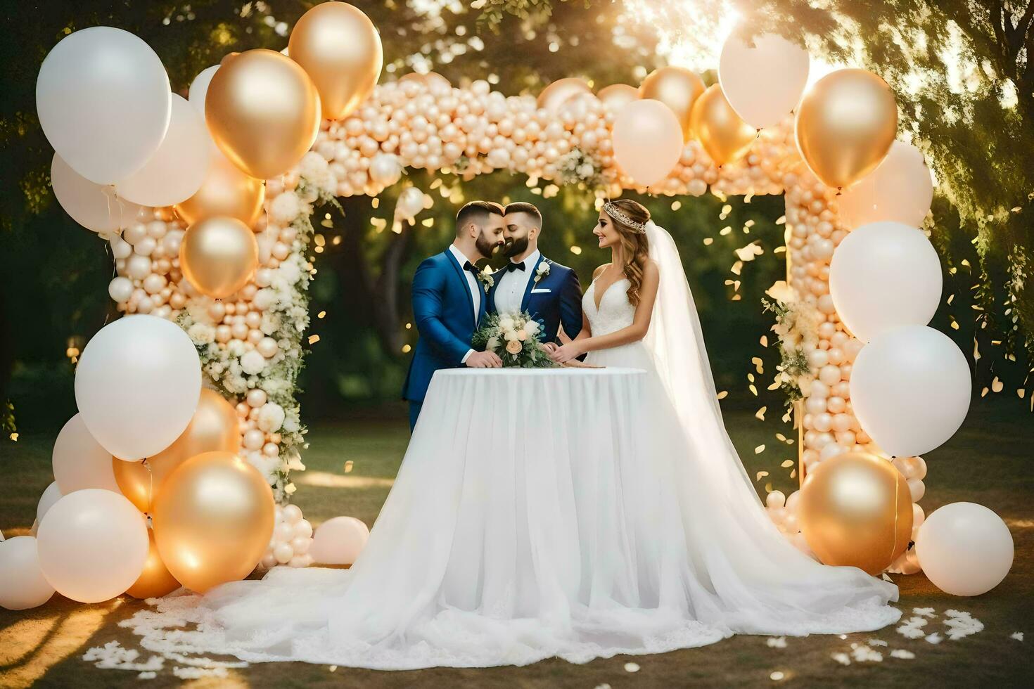 bruiloft paar in voorkant van een goud en wit ballon boog. ai-gegenereerd foto