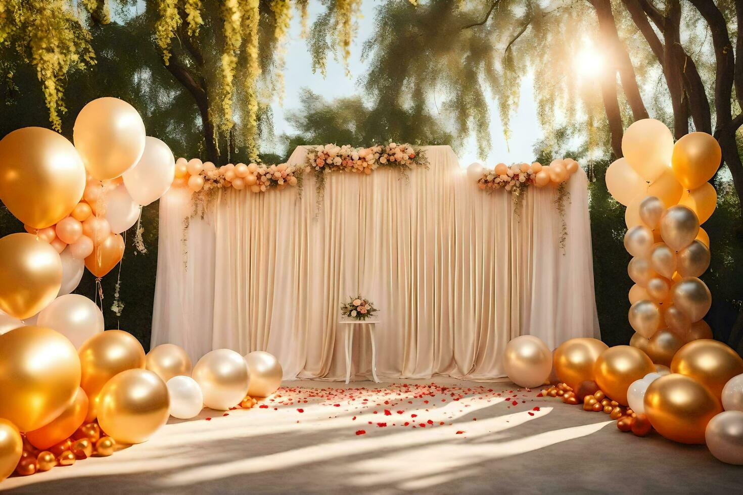 een bruiloft ceremonie met goud ballonnen en wit gordijnen. ai-gegenereerd foto