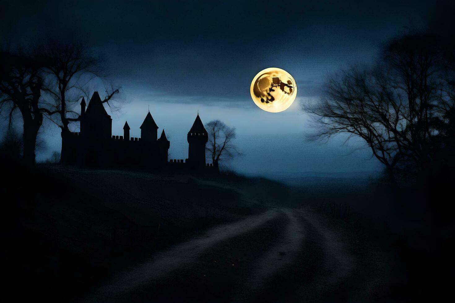 een vol maan is gezien over- een kasteel in de donker. ai-gegenereerd foto