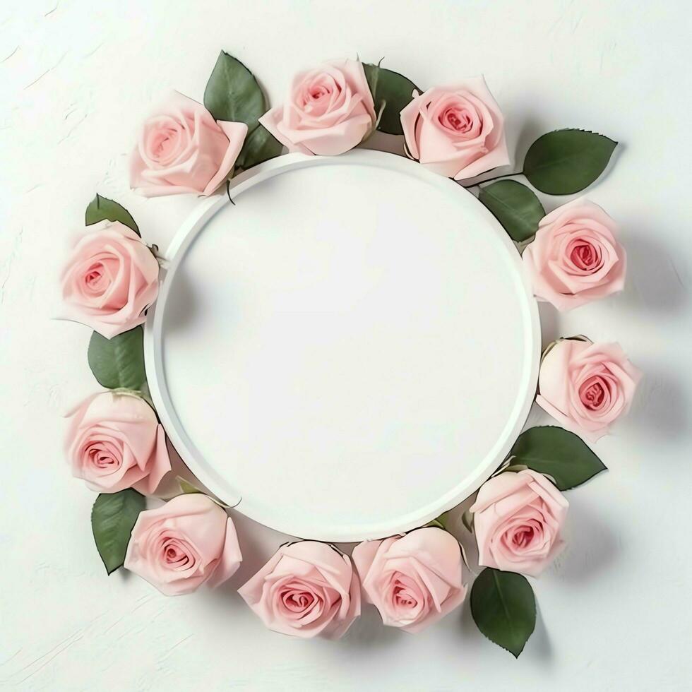 romantisch boeket van blanco bloemen roze bloesems met kopiëren ruimte. natuurlijk bloemen roos kader lay-out concept door ai gegenereerd foto