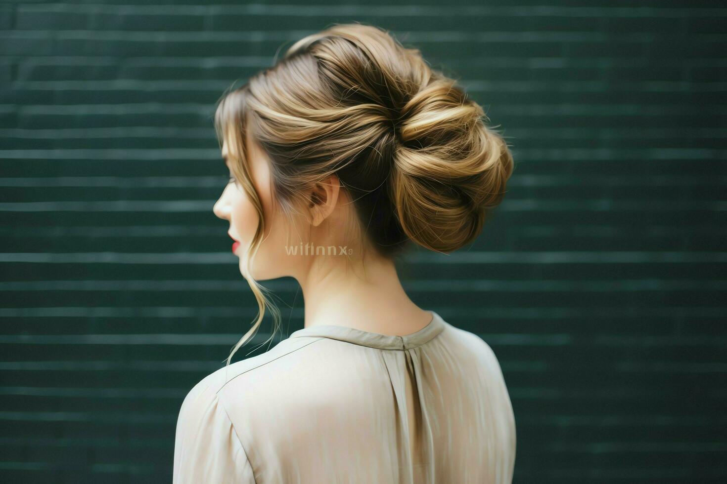een mooi bruid met een bun kapsels voor lang haar- kijken van rug. een vrouw kapsel achterzijde visie concept door ai gegenereerd foto