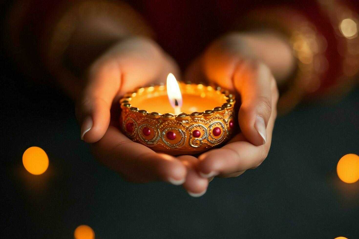 gelukkig diwali of deepavali traditioneel Indisch festival met klei diya olie lamp. Indisch Hindoe festival van licht symbool met kaars en licht. klei diya lamp lit gedurende diwali viering door ai gegenereerd foto