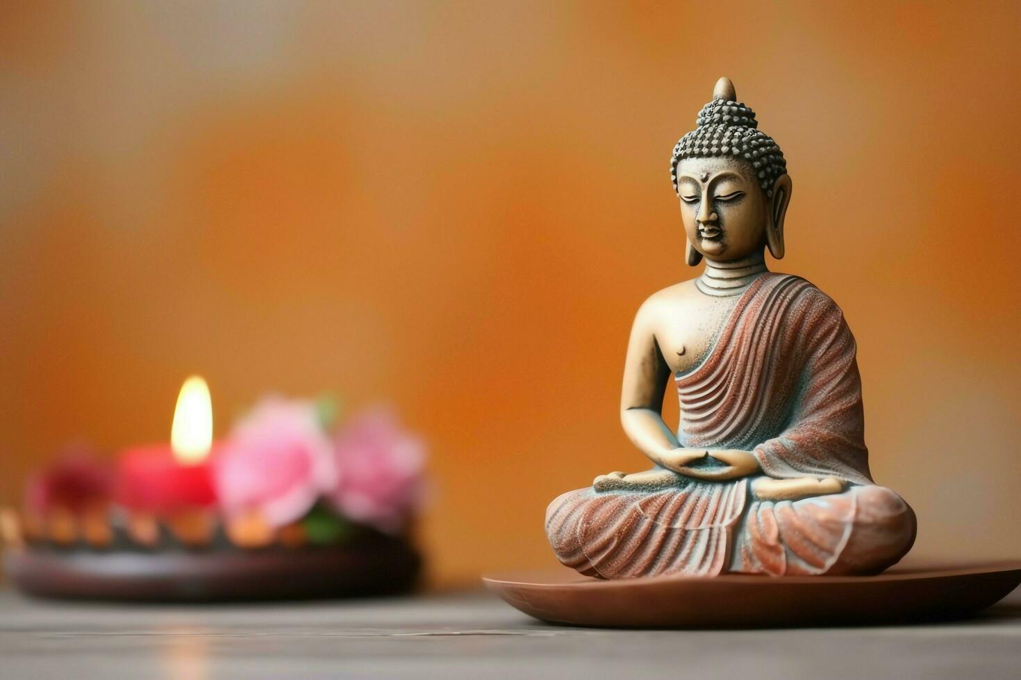 een Boeddha zit in in vesak Boeddha purnima dag met kopiëren ruimte. achtergrond voor vesak festival dag concept. vesak viering dag groeten concept door ai gegenereerd foto