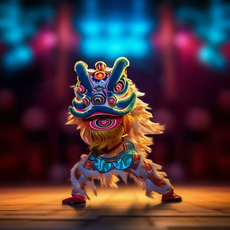 draak of leeuw dans tonen barongsai in viering Chinese maan- nieuw jaar festival. Aziatisch traditioneel concept door ai gegenereerd foto