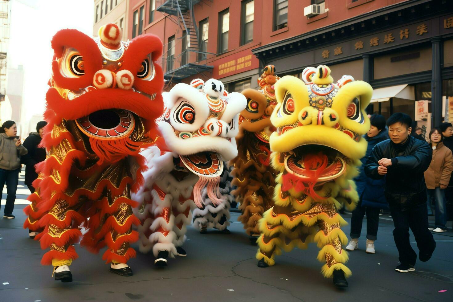 draak of leeuw dans tonen barongsai in viering Chinese maan- nieuw jaar festival. Aziatisch traditioneel concept door ai gegenereerd foto