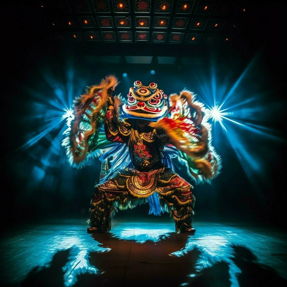 draak of leeuw dans tonen barongsai in viering Chinese maan- nieuw jaar festival. Aziatisch traditioneel concept door ai gegenereerd foto