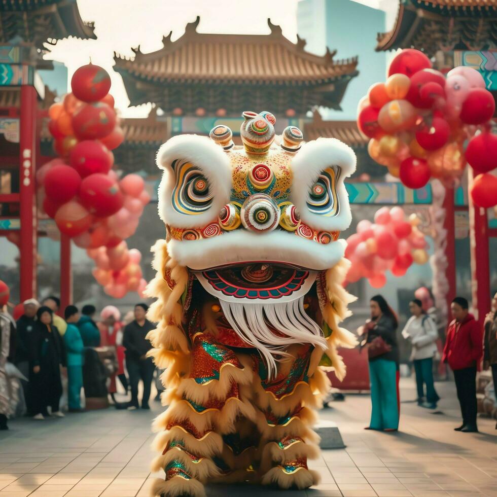 draak of leeuw dans tonen barongsai in viering Chinese maan- nieuw jaar festival. Aziatisch traditioneel concept door ai gegenereerd foto