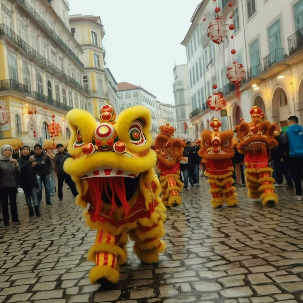 draak of leeuw dans tonen barongsai in viering Chinese maan- nieuw jaar festival. Aziatisch traditioneel concept door ai gegenereerd foto