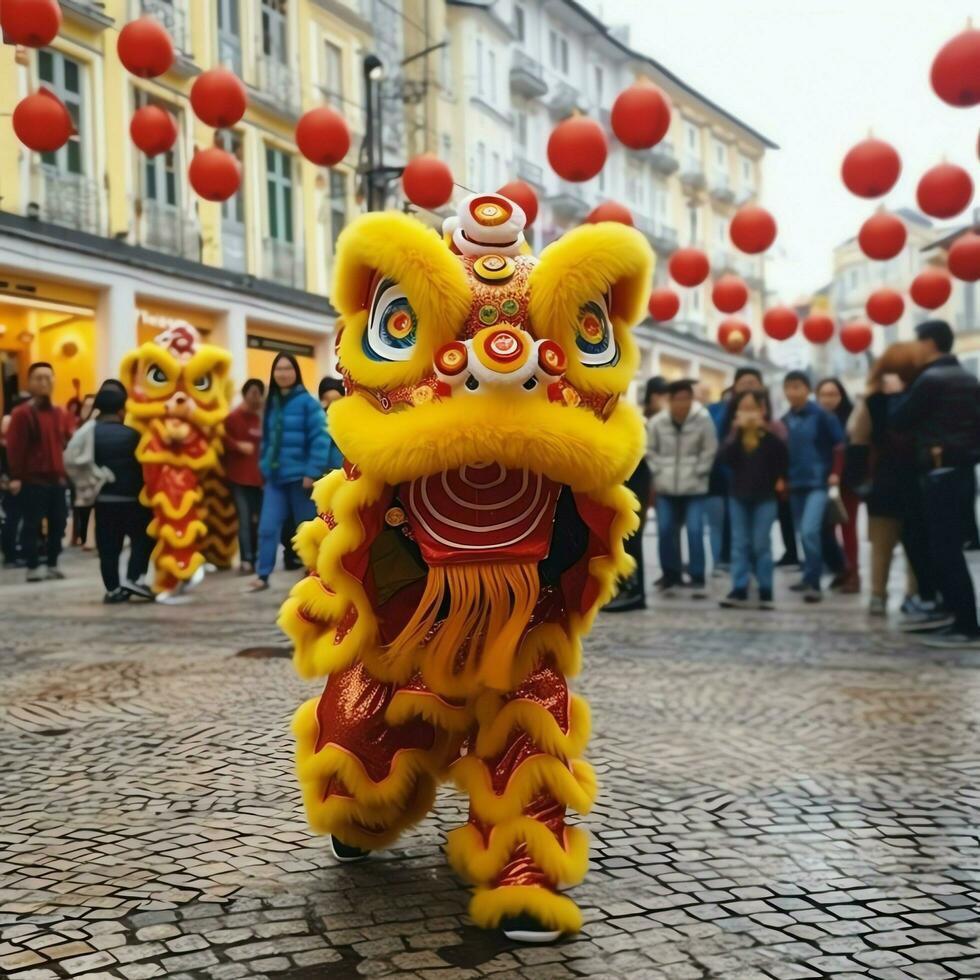 draak of leeuw dans tonen barongsai in viering Chinese maan- nieuw jaar festival. Aziatisch traditioneel concept door ai gegenereerd foto