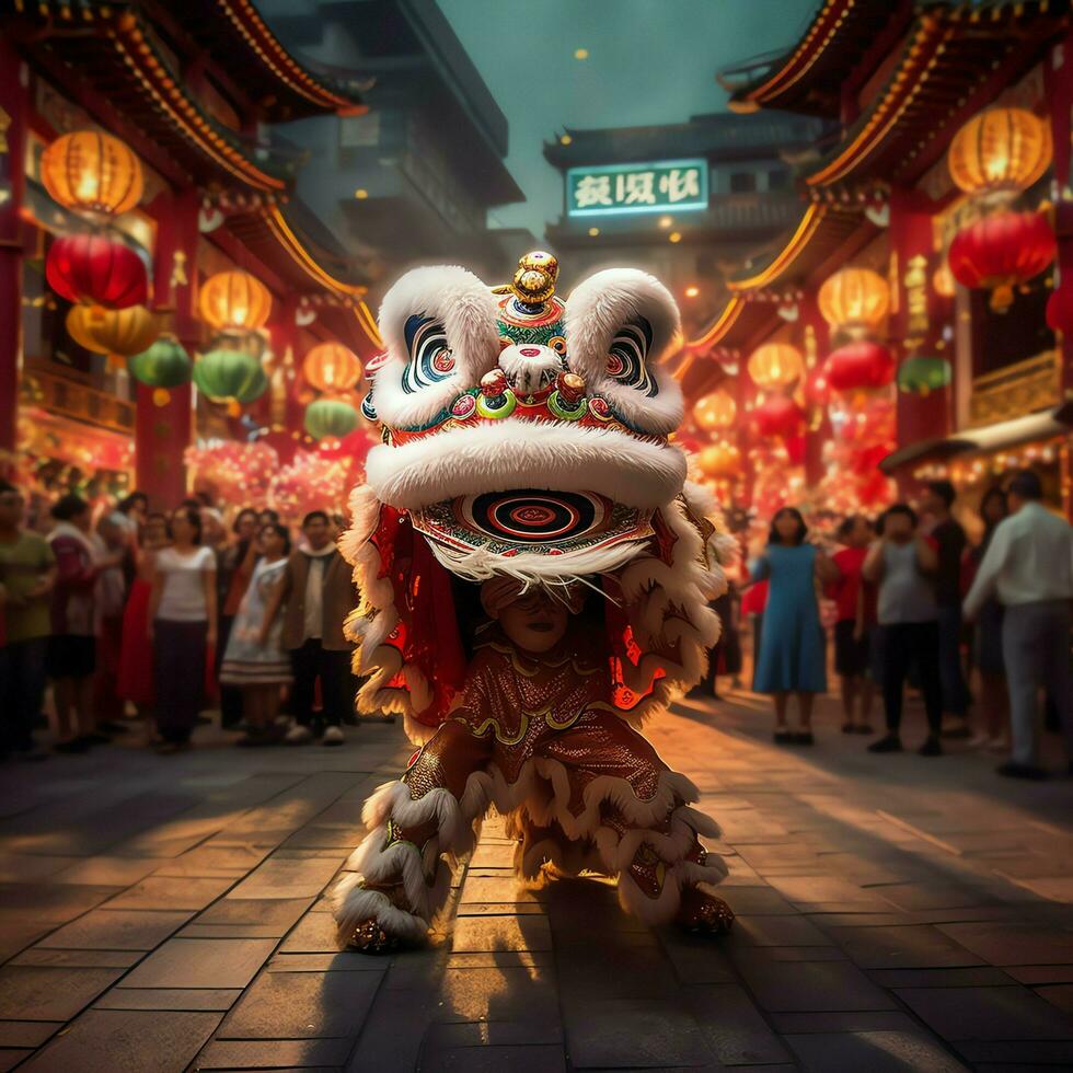 draak of leeuw dans tonen barongsai in viering Chinese maan- nieuw jaar festival. Aziatisch traditioneel concept door ai gegenereerd foto