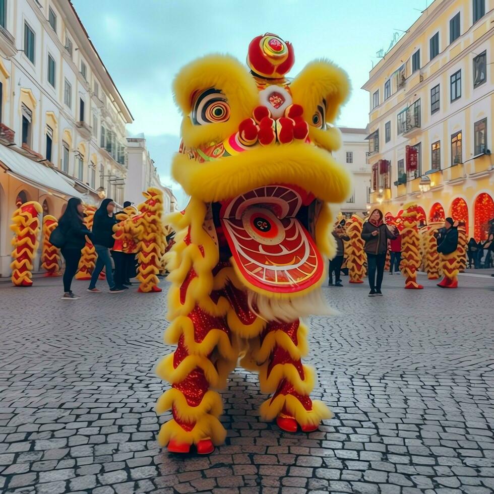 draak of leeuw dans tonen barongsai in viering Chinese maan- nieuw jaar festival. Aziatisch traditioneel concept door ai gegenereerd foto