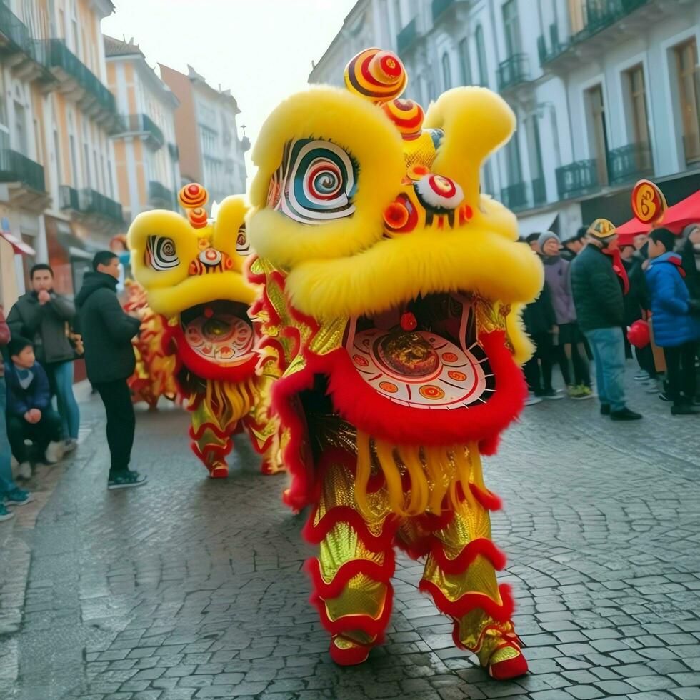 draak of leeuw dans tonen barongsai in viering Chinese maan- nieuw jaar festival. Aziatisch traditioneel concept door ai gegenereerd foto