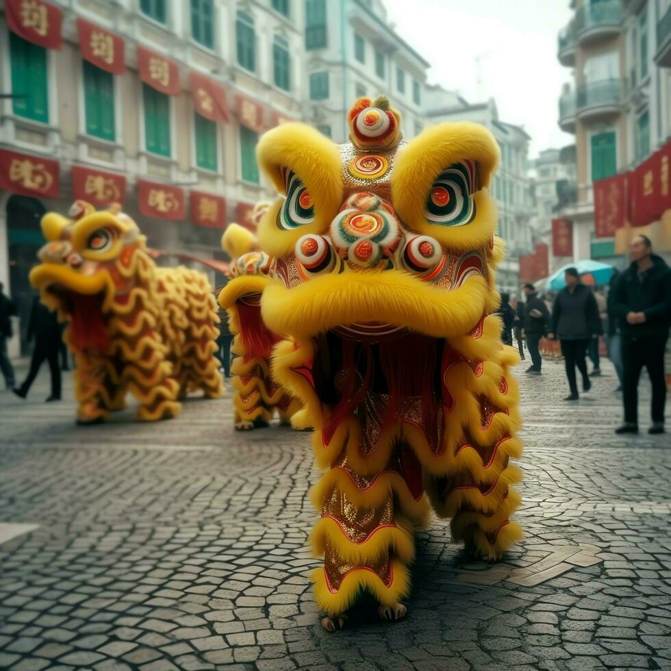 draak of leeuw dans tonen barongsai in viering Chinese maan- nieuw jaar festival. Aziatisch traditioneel concept door ai gegenereerd foto