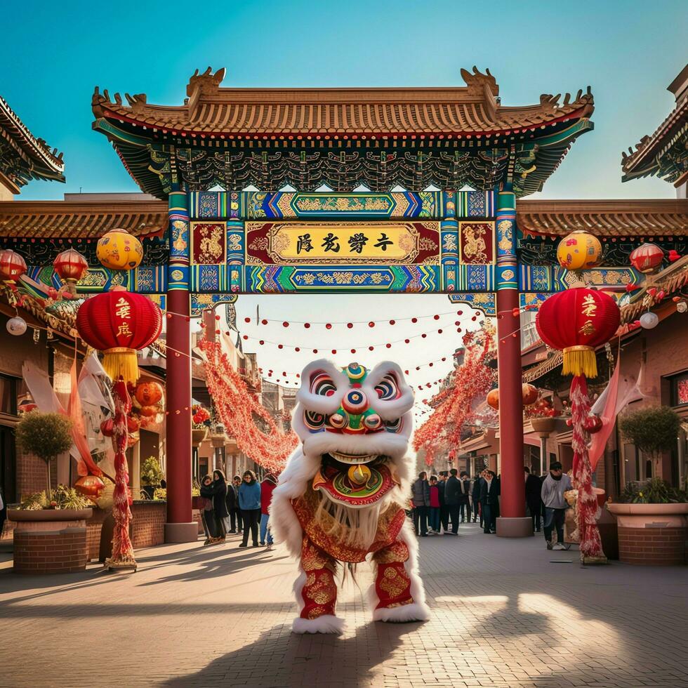 draak of leeuw dans tonen barongsai in viering Chinese maan- nieuw jaar festival. Aziatisch traditioneel concept door ai gegenereerd foto