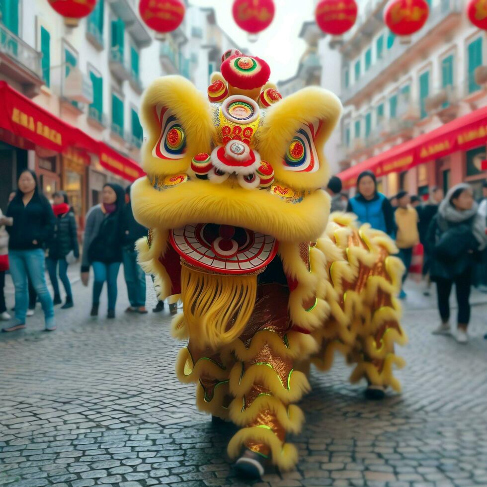 draak of leeuw dans tonen barongsai in viering Chinese maan- nieuw jaar festival. Aziatisch traditioneel concept door ai gegenereerd foto