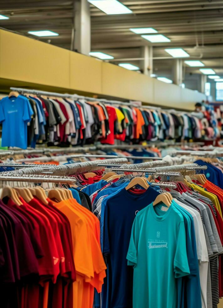 rij van modieus polo t-shirts voor Mens Aan houten hanger of rek in een kleding winkel kleinhandel winkel concept door ai gegenereerd foto