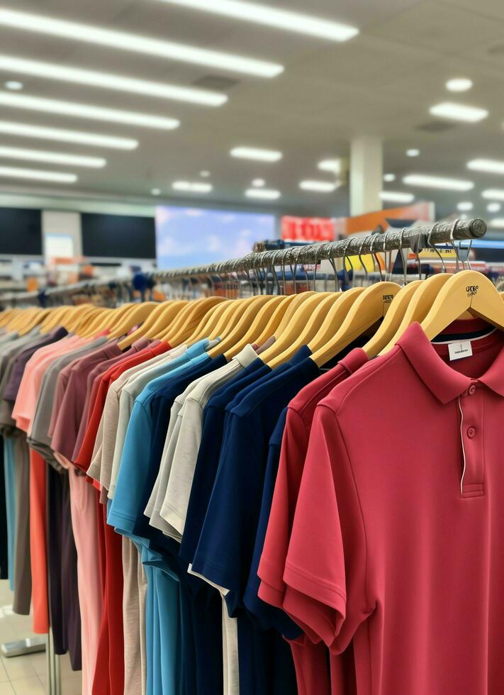 rij van modieus polo t-shirts voor Mens Aan houten hanger of rek in een kleding winkel kleinhandel winkel concept door ai gegenereerd foto