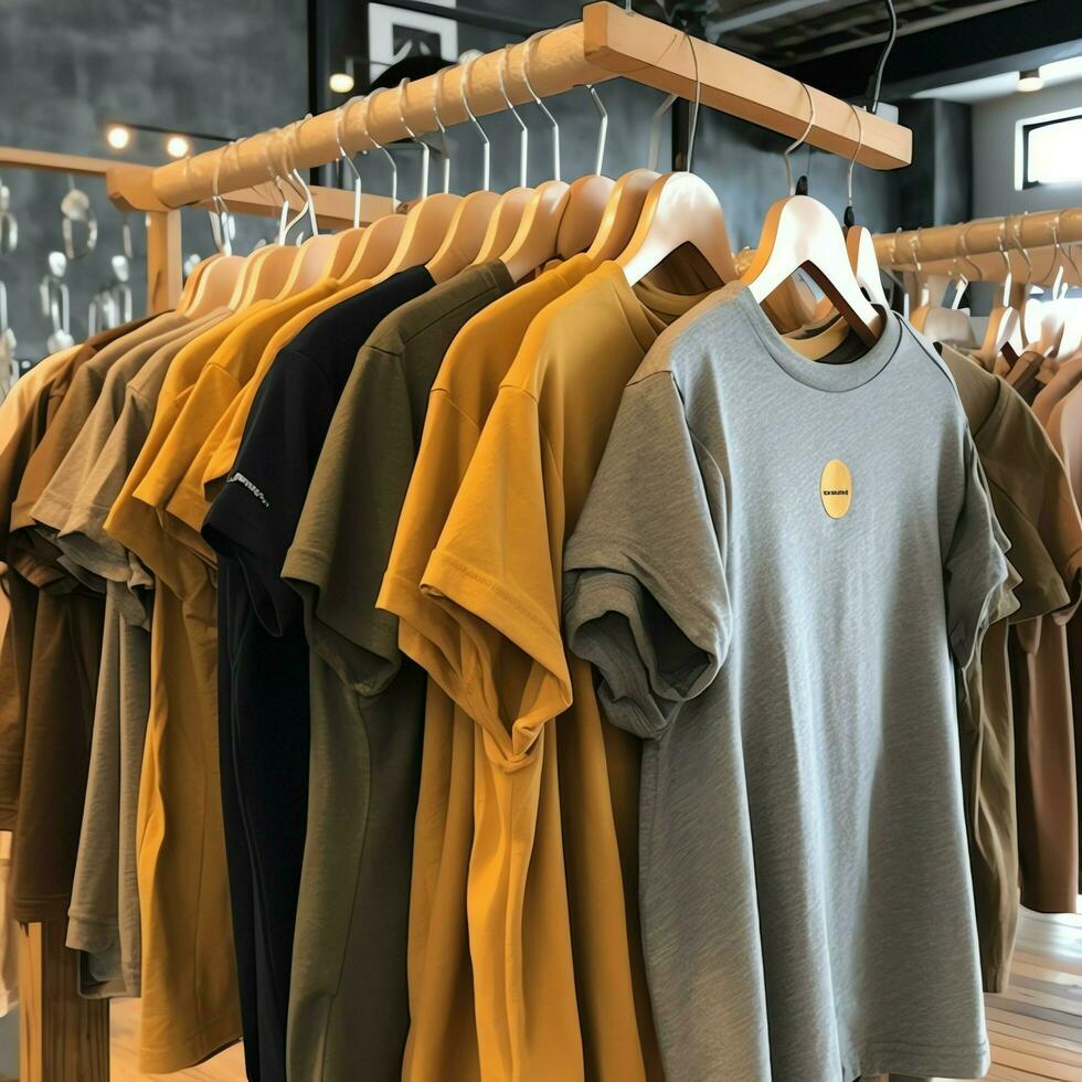 rij van modieus polo t-shirts voor Mens Aan houten hanger of rek in een kleding winkel kleinhandel winkel concept door ai gegenereerd foto