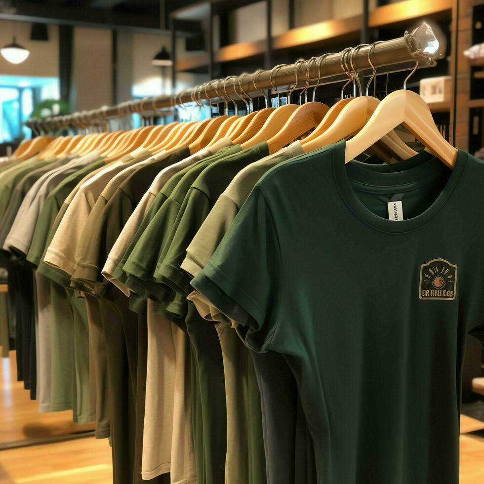 rij van modieus polo t-shirts voor Mens Aan houten hanger of rek in een kleding winkel kleinhandel winkel concept door ai gegenereerd foto