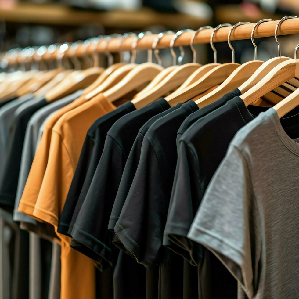 rij van modieus polo t-shirts voor Mens Aan houten hanger of rek in een kleding winkel kleinhandel winkel concept door ai gegenereerd foto