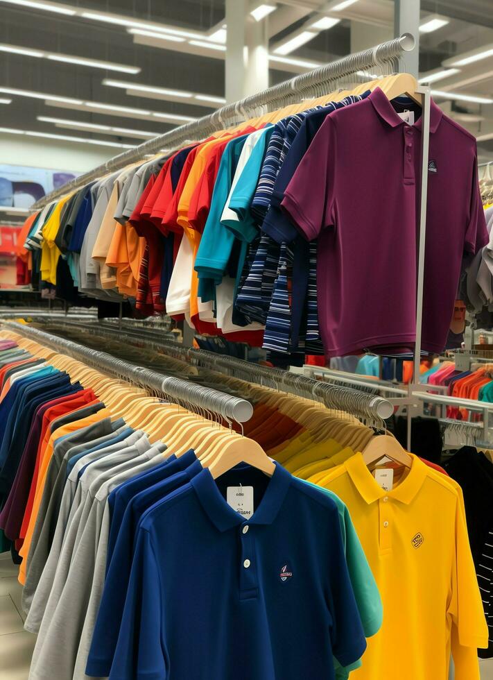 rij van modieus polo t-shirts voor Mens Aan houten hanger of rek in een kleding winkel kleinhandel winkel concept door ai gegenereerd foto