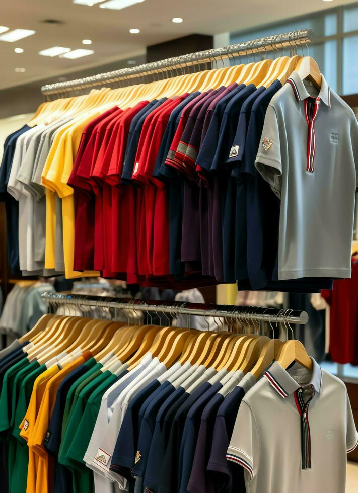 rij van modieus polo t-shirts voor Mens Aan houten hanger of rek in een kleding winkel kleinhandel winkel concept door ai gegenereerd foto