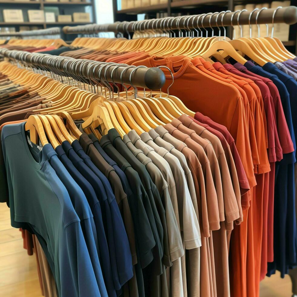 rij van modieus polo t-shirts voor Mens Aan houten hanger of rek in een kleding winkel kleinhandel winkel concept door ai gegenereerd foto