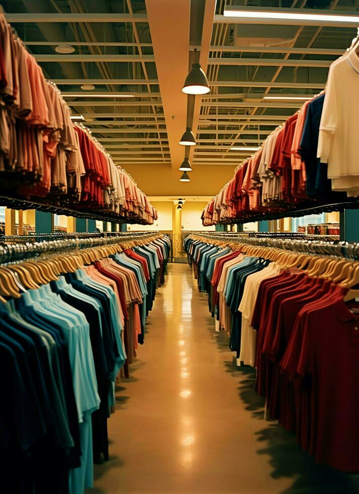 rij van modieus polo t-shirts voor Mens Aan houten hanger of rek in een kleding winkel kleinhandel winkel concept door ai gegenereerd foto