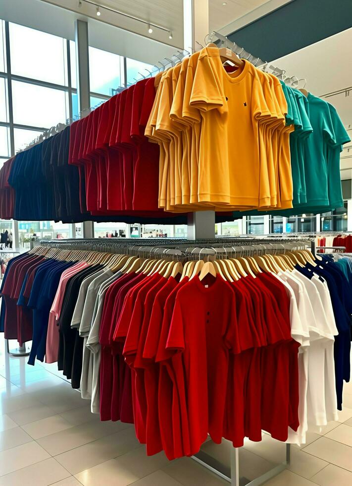 rij van modieus polo t-shirts voor Mens Aan houten hanger of rek in een kleding winkel kleinhandel winkel concept door ai gegenereerd foto