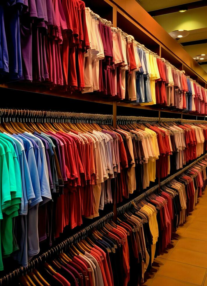 rij van modieus polo t-shirts voor Mens Aan houten hanger of rek in een kleding winkel kleinhandel winkel concept door ai gegenereerd foto