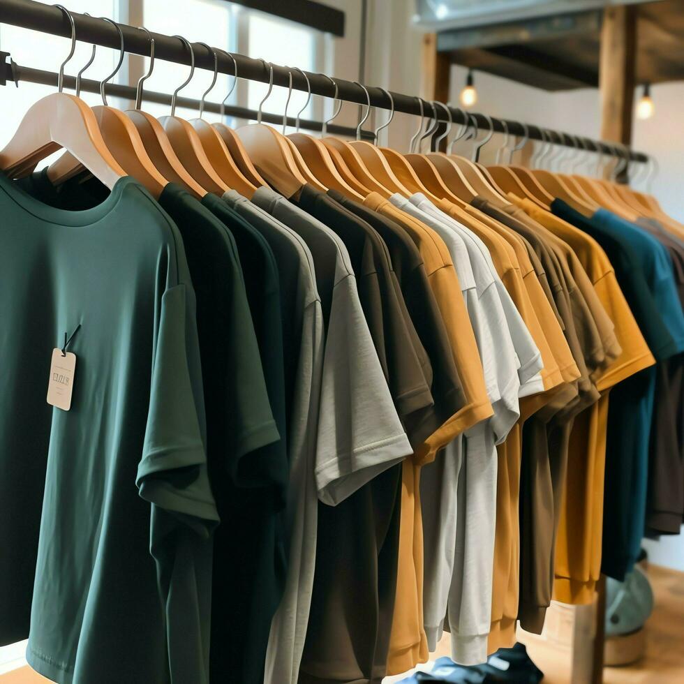 rij van modieus polo t-shirts voor Mens Aan houten hanger of rek in een kleding winkel kleinhandel winkel concept door ai gegenereerd foto