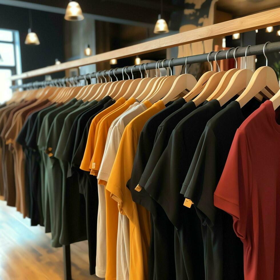 rij van modieus polo t-shirts voor Mens Aan houten hanger of rek in een kleding winkel kleinhandel winkel concept door ai gegenereerd foto