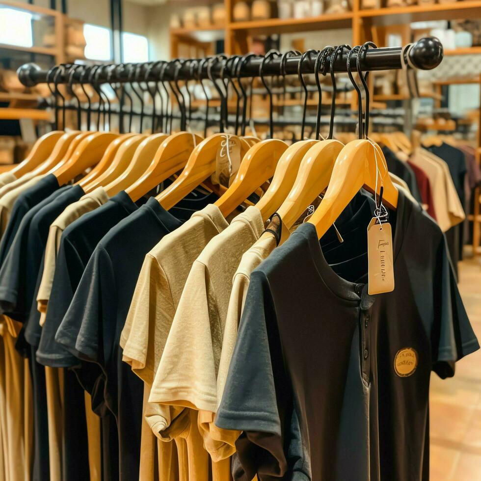 rij van modieus polo t-shirts voor Mens Aan houten hanger of rek in een kleding winkel kleinhandel winkel concept door ai gegenereerd foto