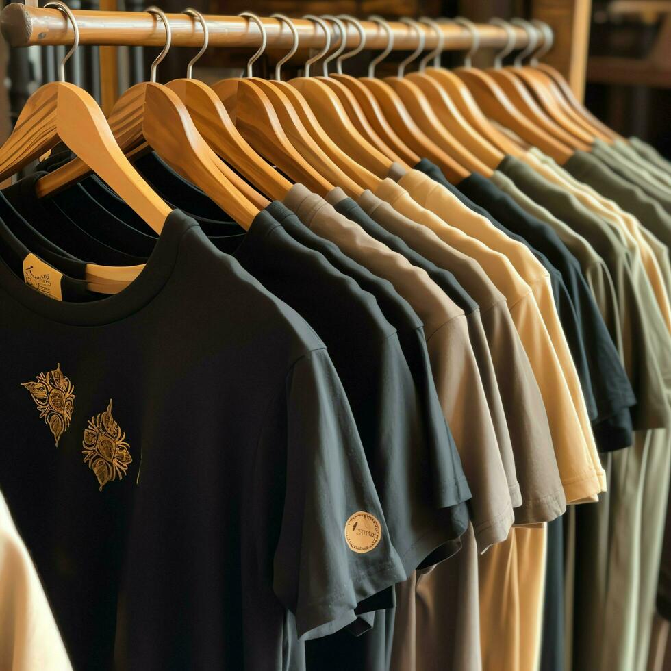 rij van modieus polo t-shirts voor Mens Aan houten hanger of rek in een kleding winkel kleinhandel winkel concept door ai gegenereerd foto