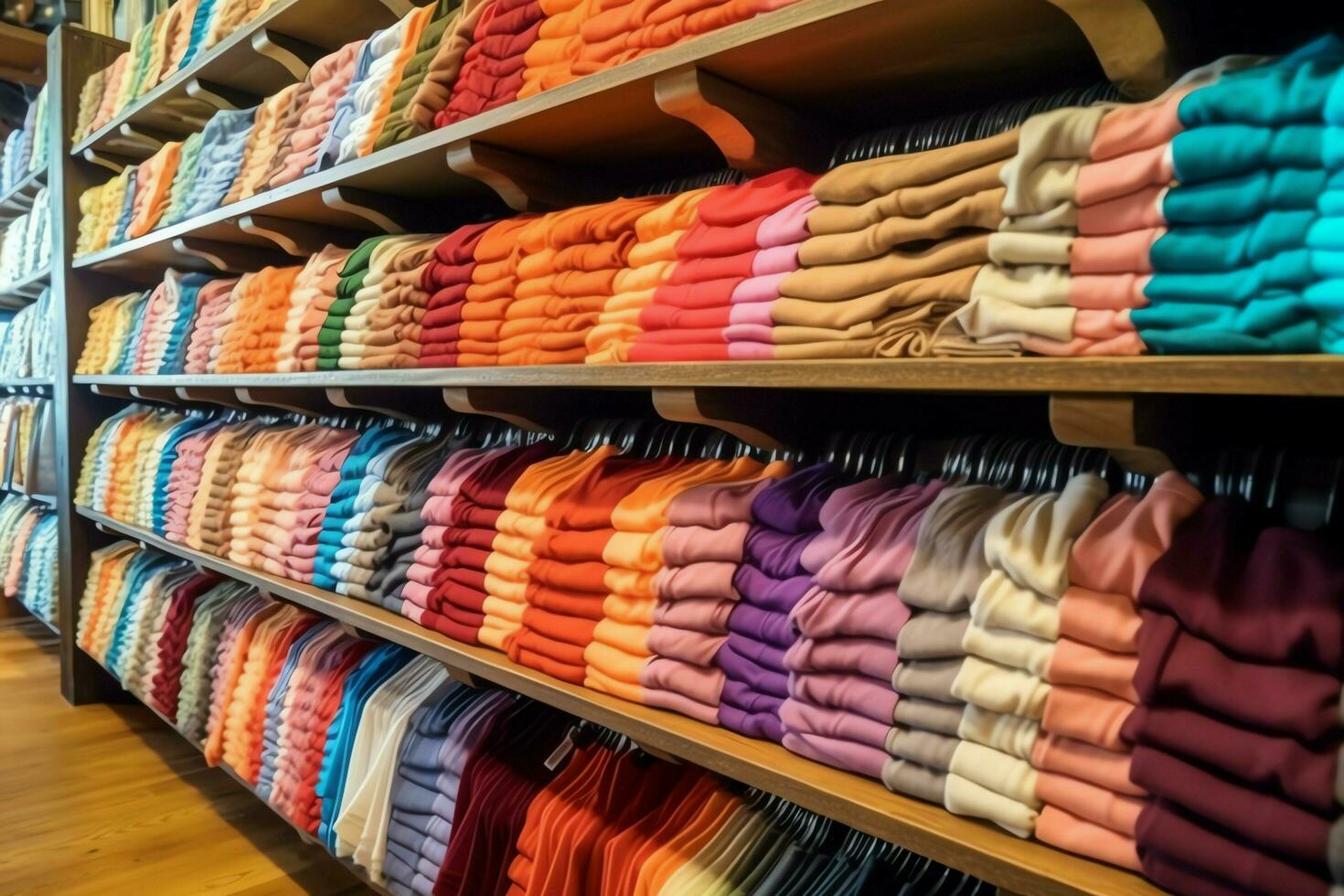 rij van modieus polo t-shirts voor Mens Aan houten hanger of rek in een kleding winkel kleinhandel winkel concept door ai gegenereerd foto